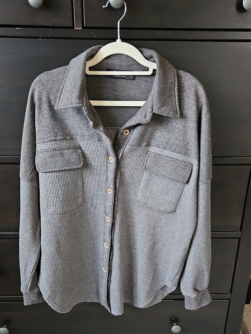 Gray Waffle Knit Button-Up Shirt Jacket